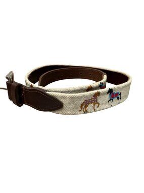 Good Threads Horse Equestrian Belt Hand Stitched Needlepoint Brown Leather Sz 36
